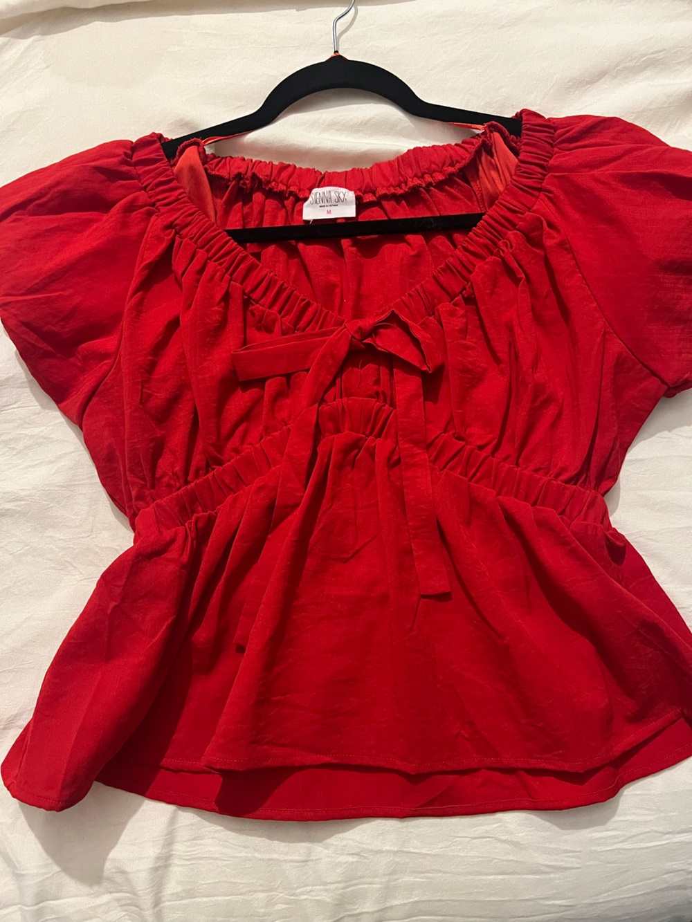 Sienna Sky Red Peplum Tie-Front Puff Sleeve Top